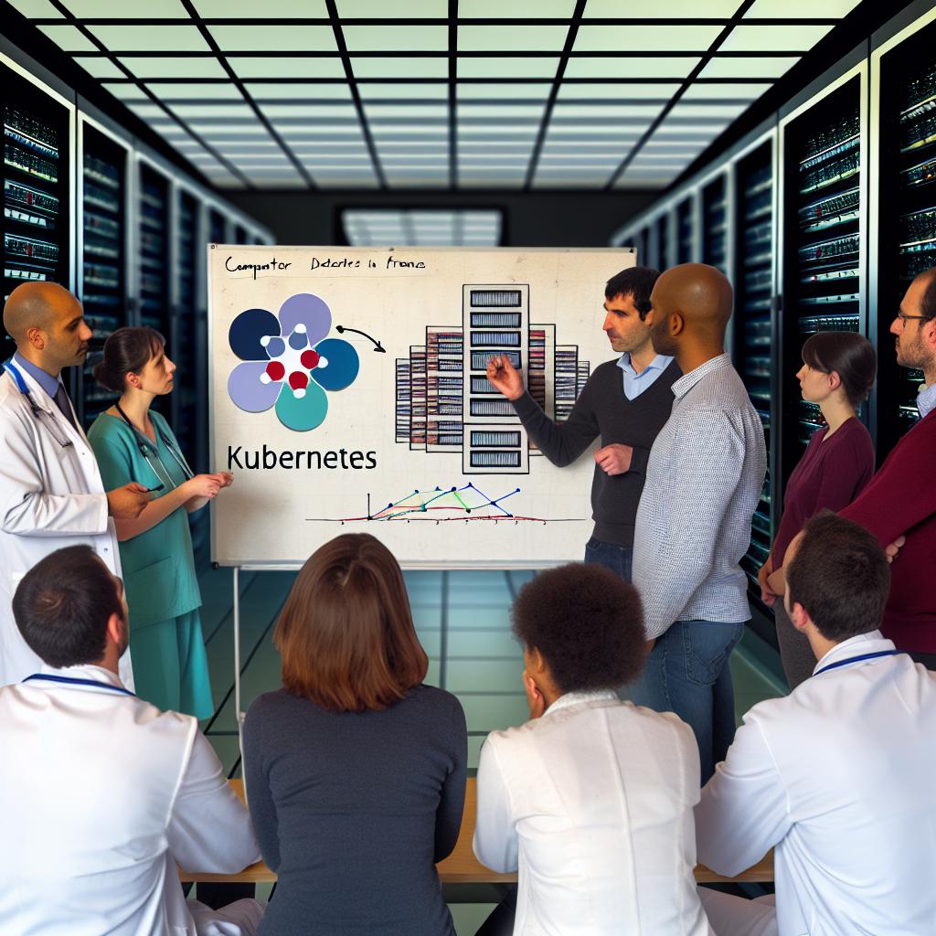 Photo montrant des médecins et informaticiens en France discutant autour de graphique sur un tableau blanc , avec au fond une salle salle serveur qui